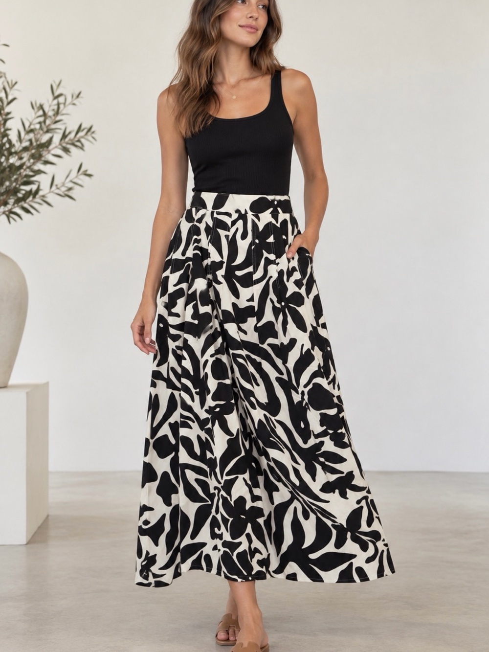 Joie Black and White Floral Print Midi Skirt